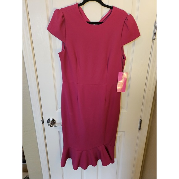 Betsey Johnson Dresses & Skirts - NWT Betsey Johnson Hot Pink Scuba Crepe Lined Midi Dress Back Zip Ruffled Hem 14